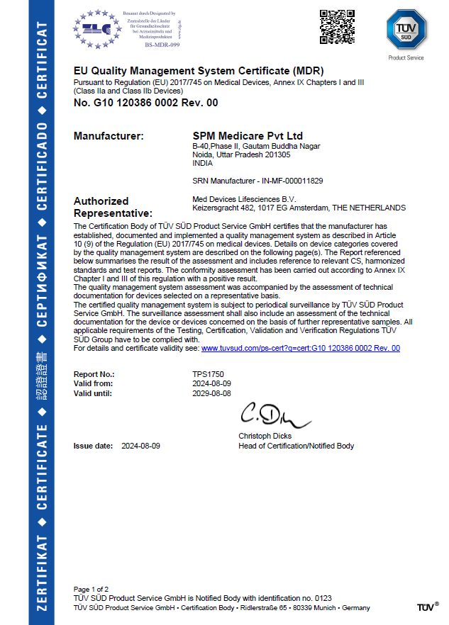 EU MDR quality management system certificate issued by TÜV SÜD to SPM Medicare Pvt. Ltd.